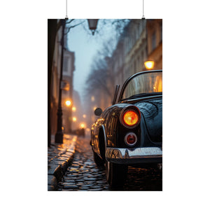 Classic convertible car on a rainy cobblestone street at dusk with vintage street lamps illuminating the scene