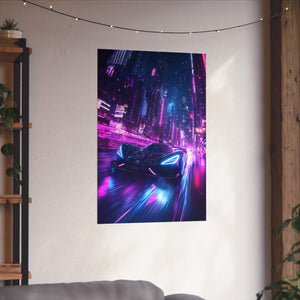 Futuristic neon sports car speeding through a glowing cityscape at night, perfect for modern digital art prints and sci-fi enthusiasts.