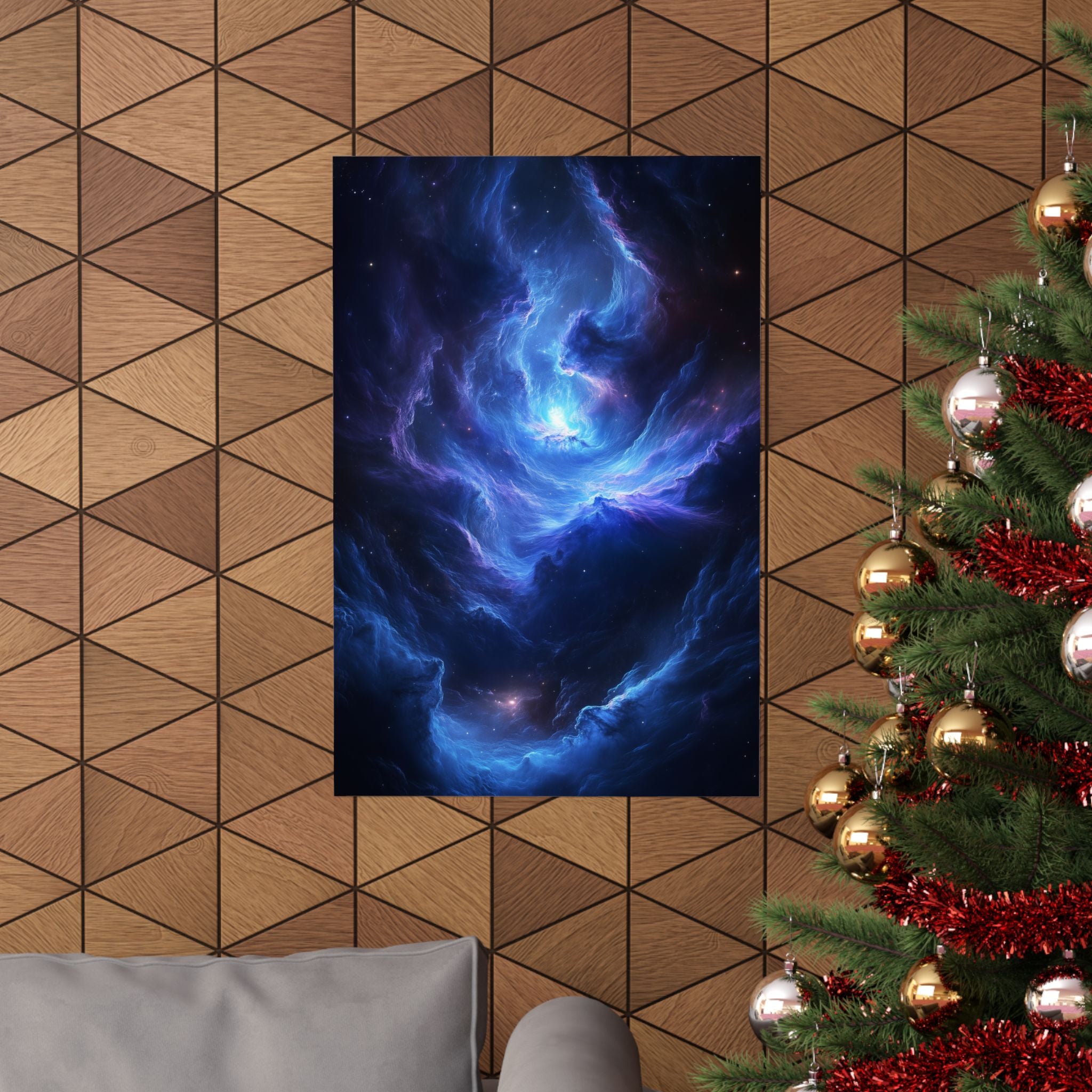 wirling blue nebula with glowing cosmic light at its center. Premium matte poster printed on museum-grade archival paper, perfect for modern sci-fi decor.