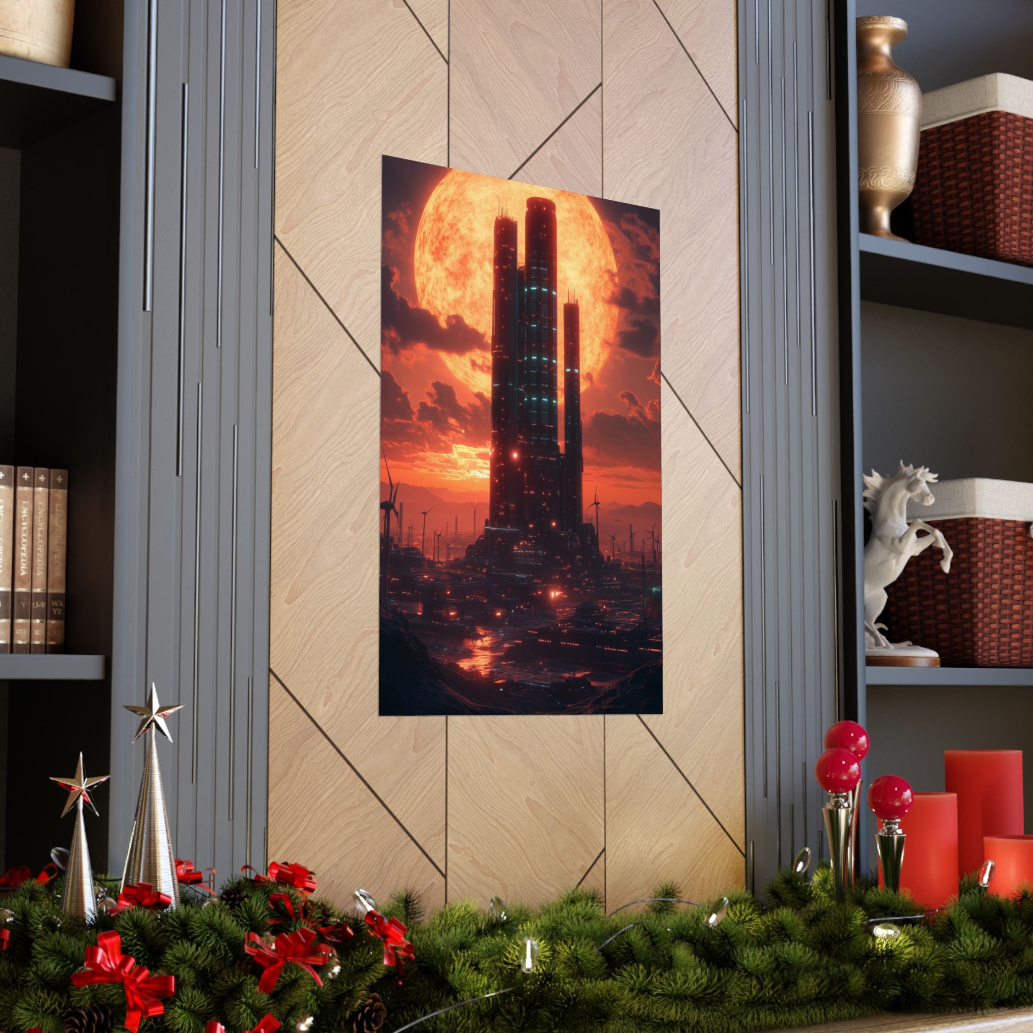 Futuristic city with towering skyscrapers against a massive glowing sun at dusk. Premium matte poster printed on museum-grade archival paper, perfect for sci-fi decor.