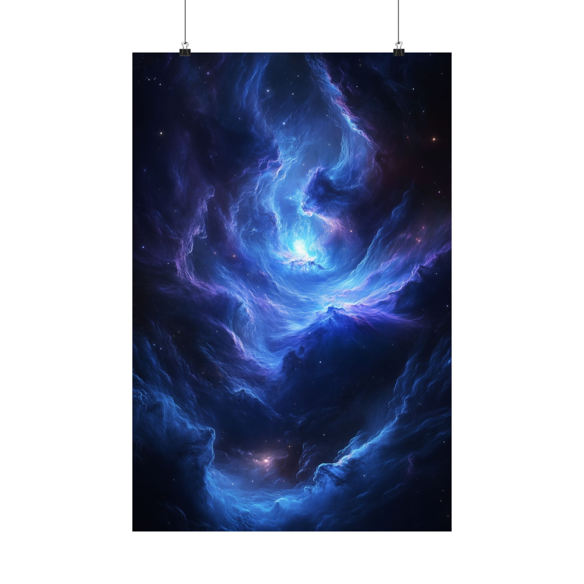 wirling blue nebula with glowing cosmic light at its center. Premium matte poster printed on museum-grade archival paper, perfect for modern sci-fi decor.