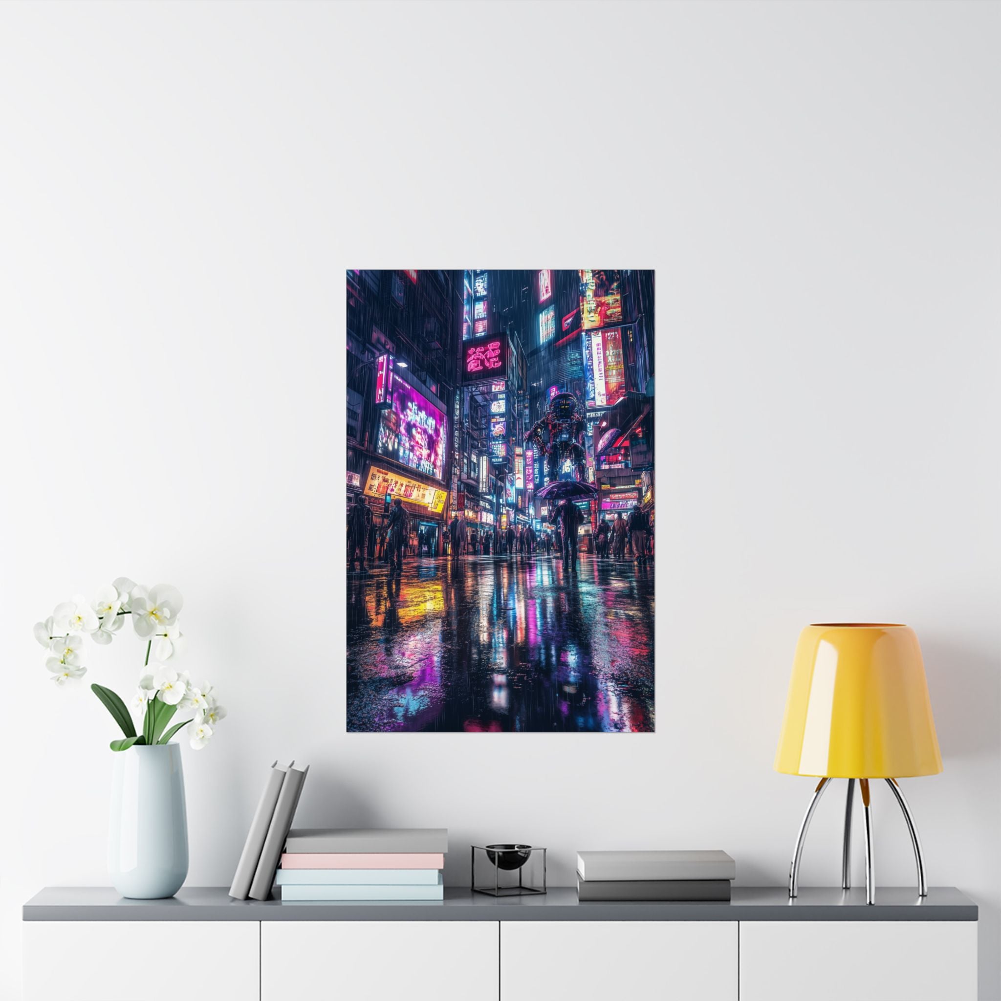 Cyberpunk-style city street at night with neon signs reflecting on wet pavement, featuring futuristic figures and a bustling crowd. Premium matte poster printed on museum-grade archival paper, perfect for sci-fi and cyberpunk decor.