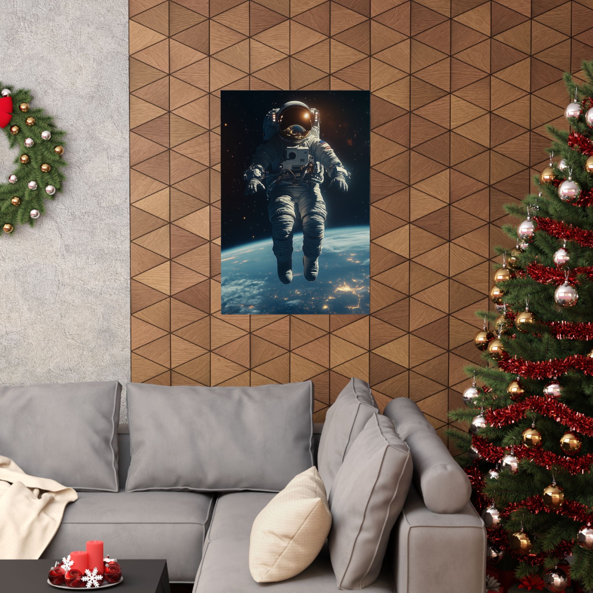 Astronaut floating in space above Earth, with stunning city lights visible below. Premium matte vertical poster featuring a cosmic scene, printed on museum-grade archival paper.