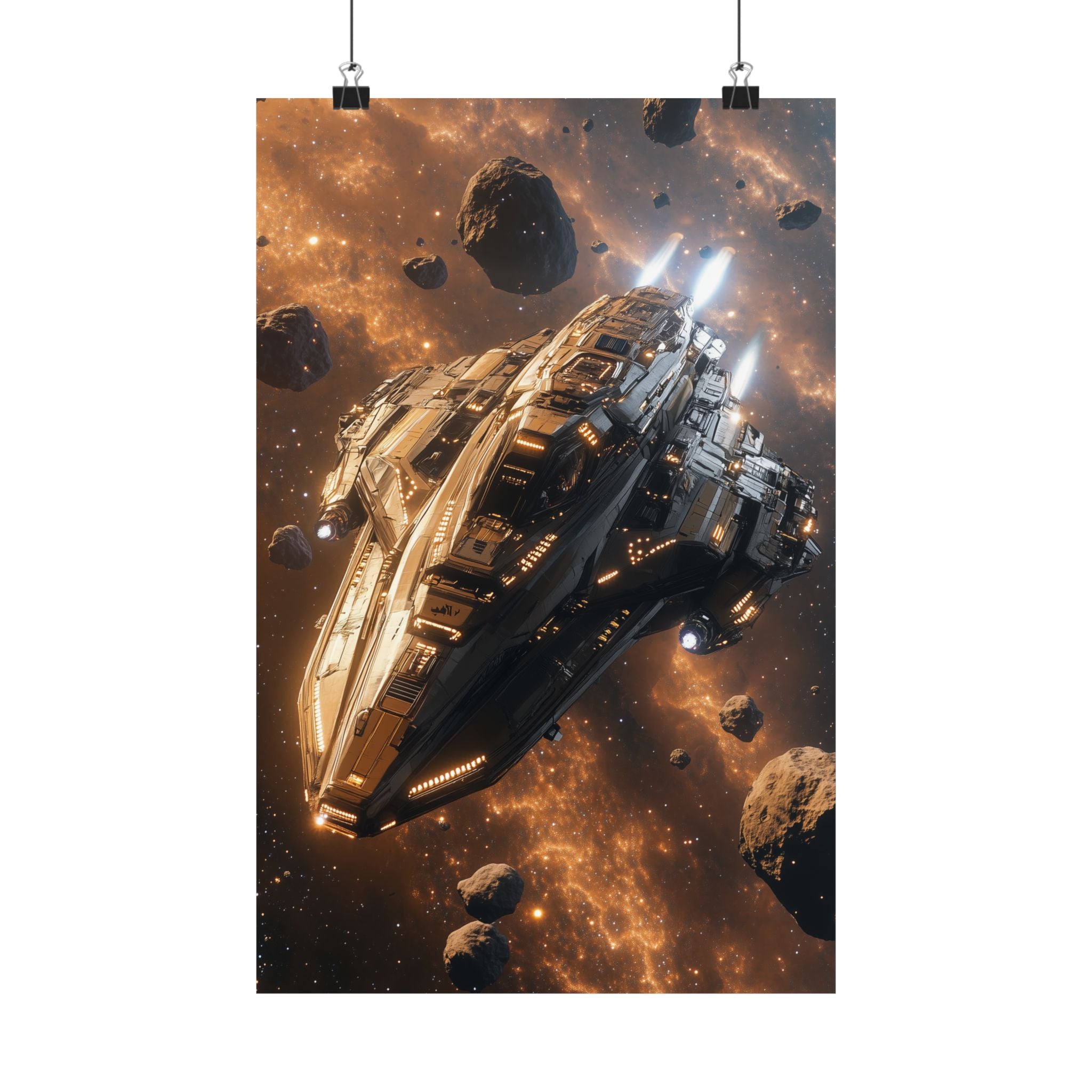 Futuristic starship navigating through an asteroid field with glowing celestial nebula in the background. Premium matte vertical poster printed on museum-grade archival paper.