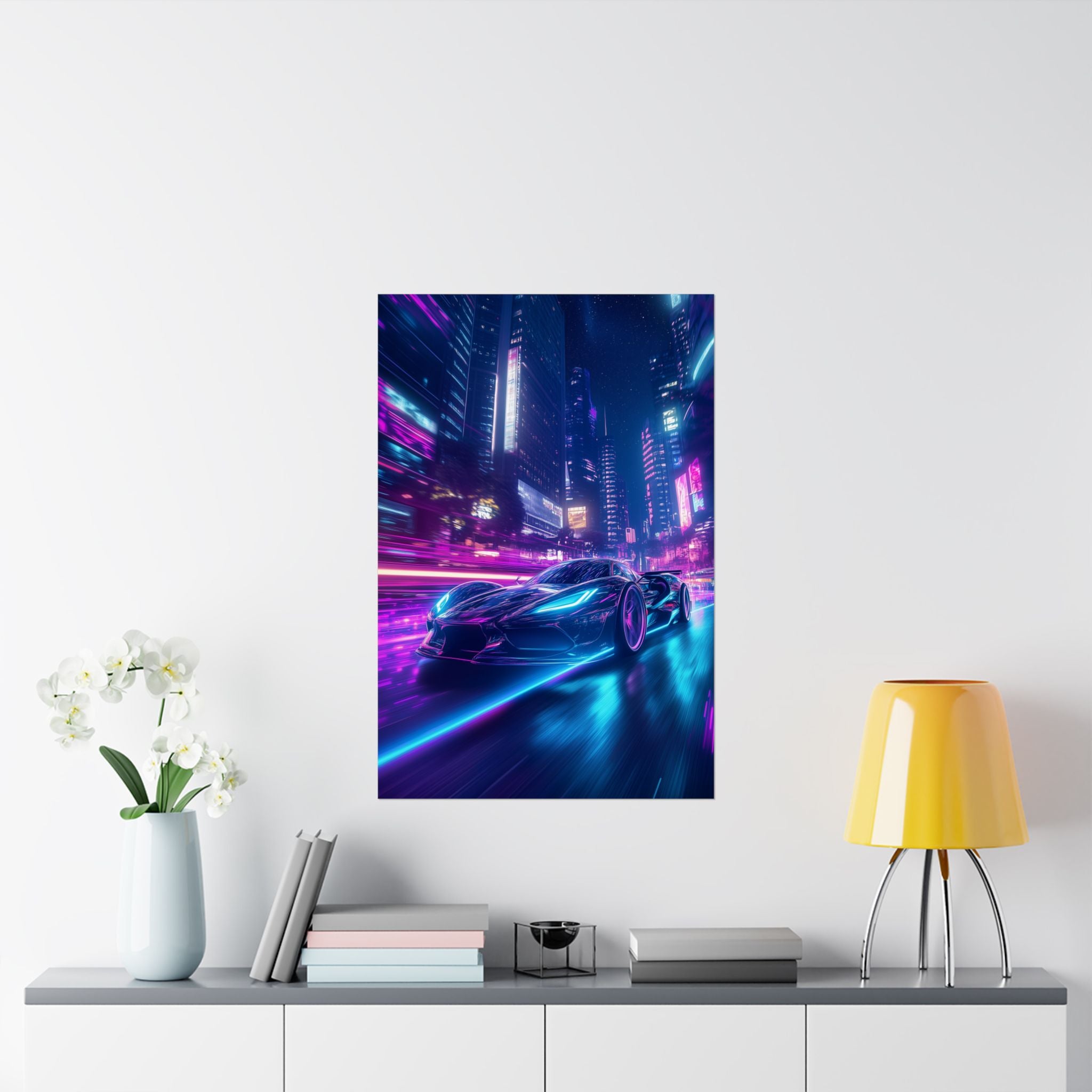 High-speed futuristic sports car racing through a neon-lit cyberpunk city at night. Premium matte poster for modern and sci-fi decor."