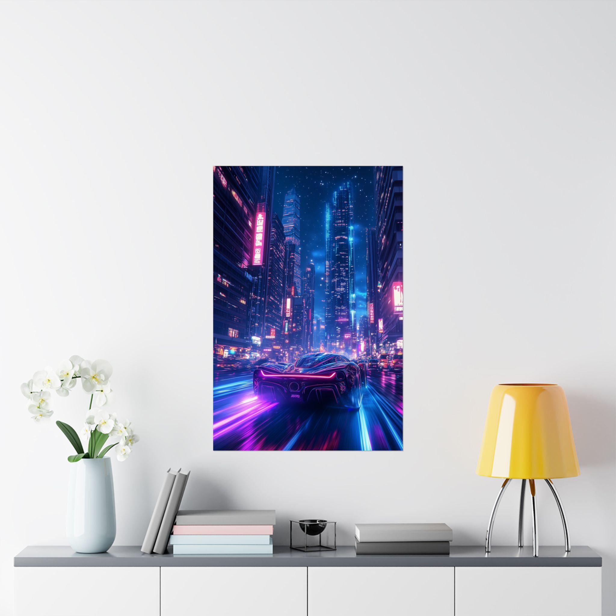 Futuristic sports car speeding through neon city at night, premium matte poster for high-quality digital download or wall décor.