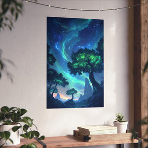 Mystic Skies galaxy-inspired premium matte poster featuring a glowing cosmic landscape, printed on museum-grade archival paper for vibrant color and stunning home decor.