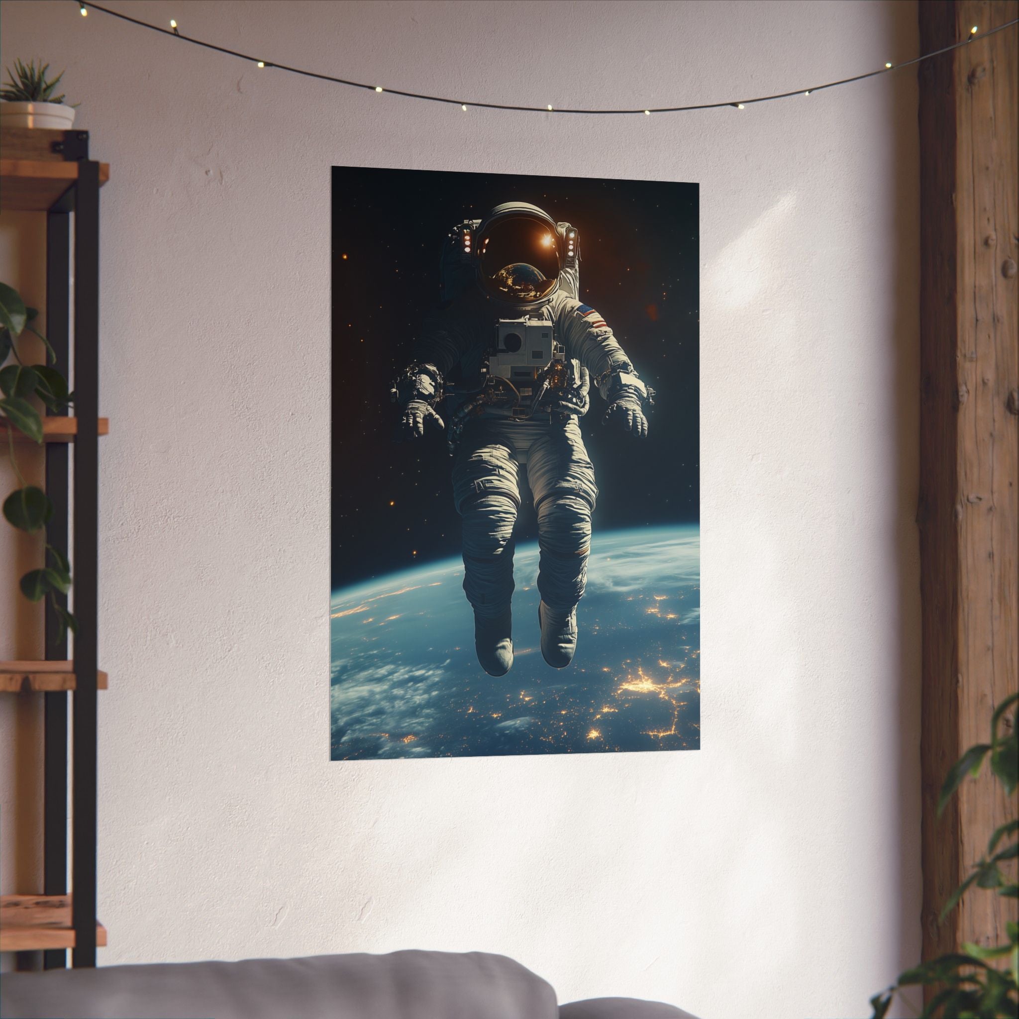 Astronaut floating in space above Earth, with stunning city lights visible below. Premium matte vertical poster featuring a cosmic scene, printed on museum-grade archival paper.