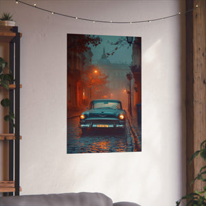 Vintage car parked on a cobblestone street at dawn with warm street lamps illuminating a misty background.