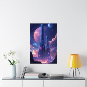 Futuristic cosmic city illuminated by colorful nebulae and towering skyscrapers under a giant glowing planet. Premium matte poster printed on museum-grade archival paper