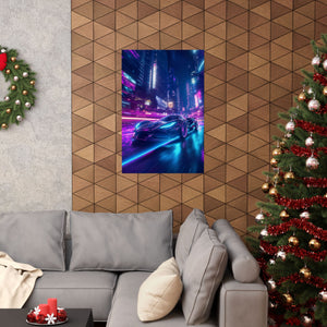 High-speed futuristic sports car racing through a neon-lit cyberpunk city at night. Premium matte poster for modern and sci-fi decor."