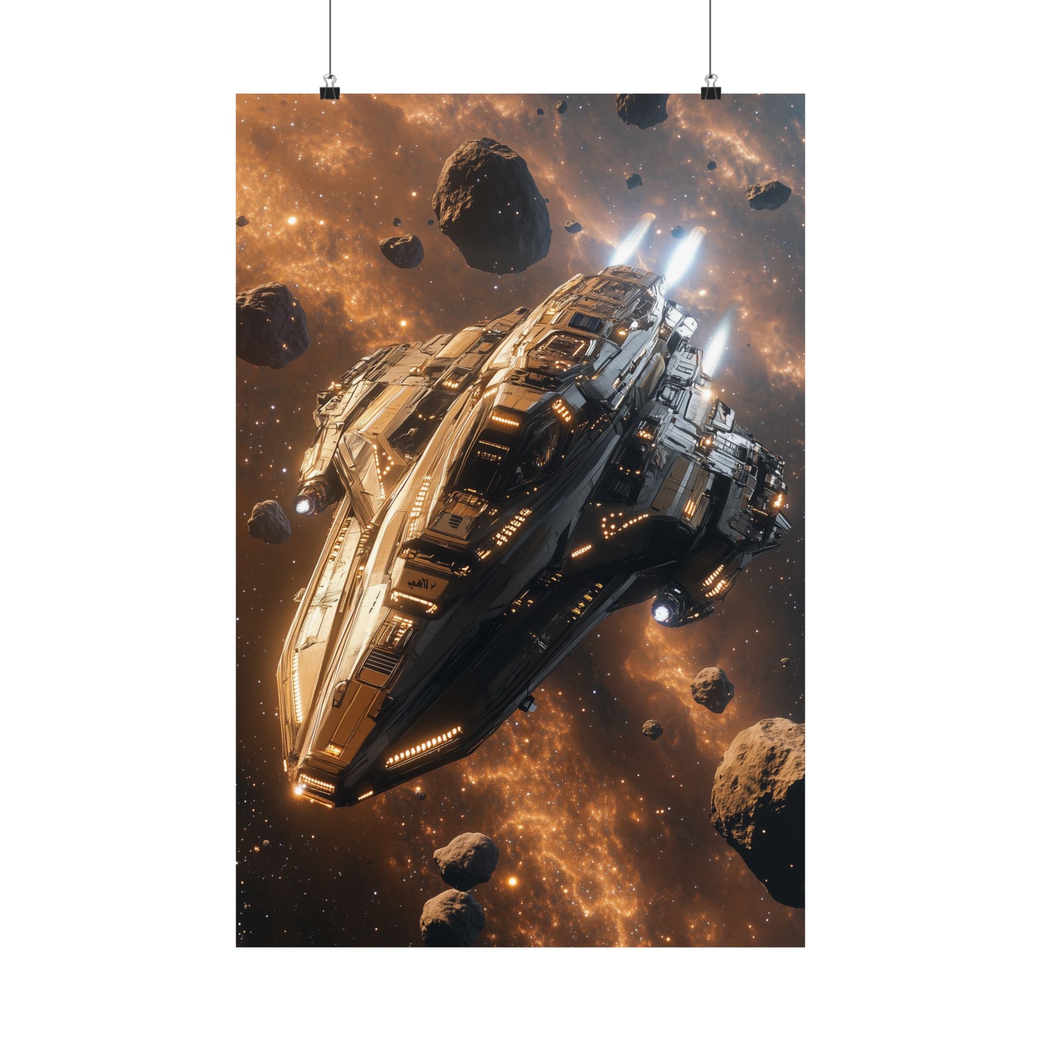 Futuristic starship navigating through an asteroid field with glowing celestial nebula in the background. Premium matte vertical poster printed on museum-grade archival paper.