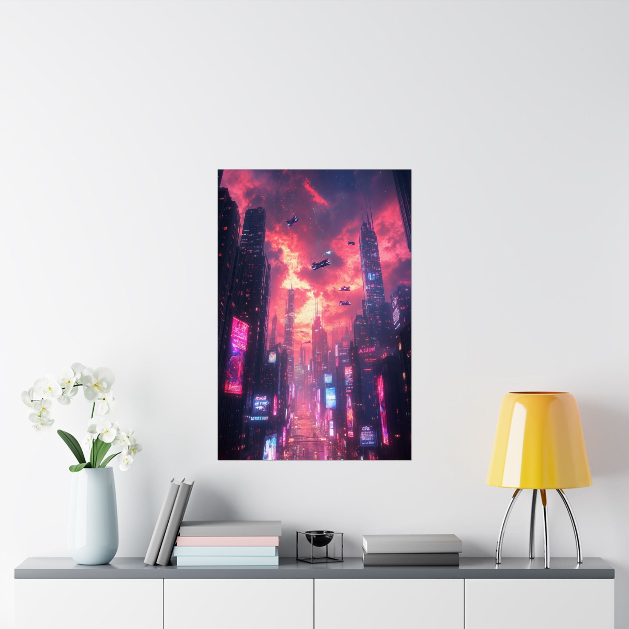 Futuristic neon cityscape with flying vehicles against a glowing red and purple sunset sky. Premium matte poster printed on museum-grade archival paper, perfect for sci-fi and cyberpunk decor.