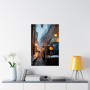 Classic convertible car on a rainy cobblestone street at dusk with vintage street lamps illuminating the scene