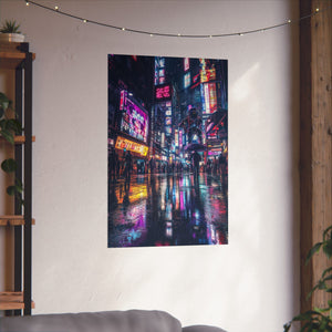 Cyberpunk-style city street at night with neon signs reflecting on wet pavement, featuring futuristic figures and a bustling crowd. Premium matte poster printed on museum-grade archival paper, perfect for sci-fi and cyberpunk decor.