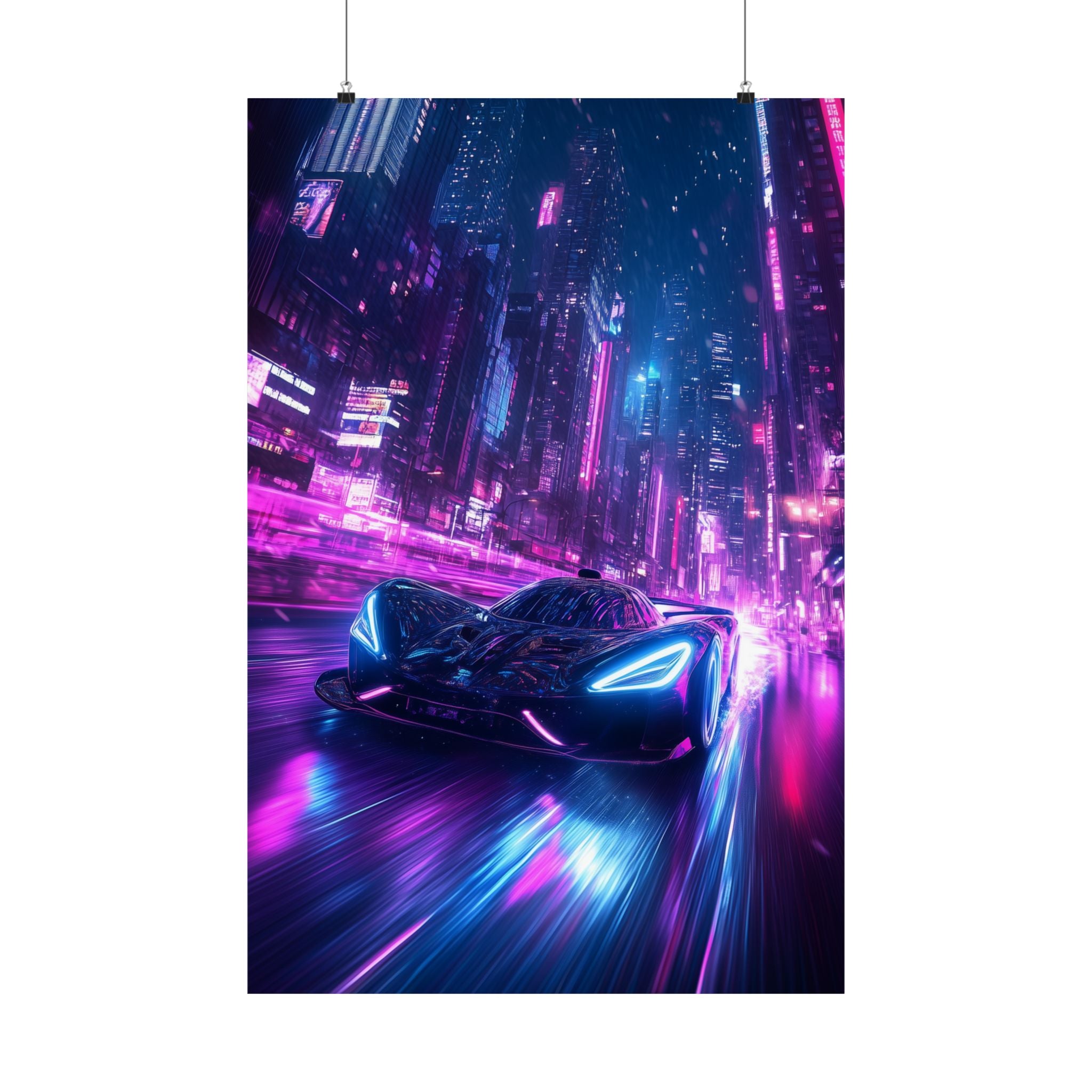 Futuristic neon sports car speeding through a glowing cityscape at night, perfect for modern digital art prints and sci-fi enthusiasts.