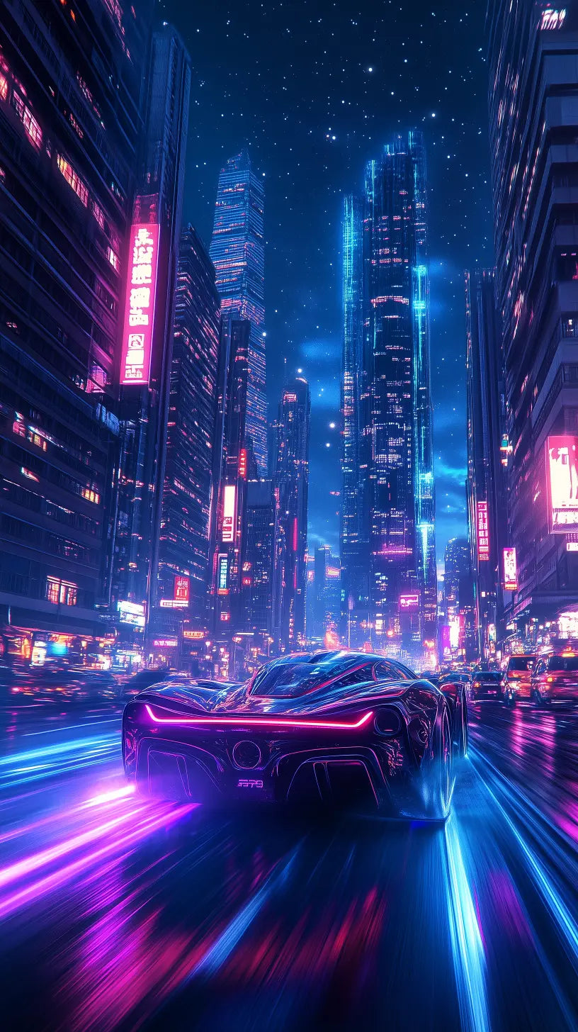 High-speed futuristic sports car speeding through neon-lit cyberpunk city streets at night. Ideal for digital download, background, or custom prints.