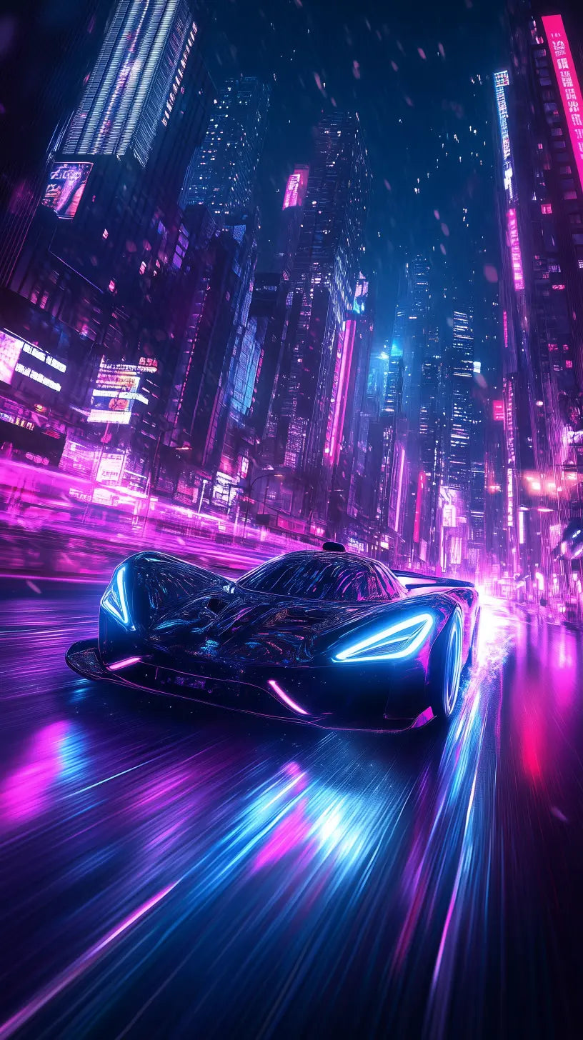 Futuristic sports car speeding through a neon-lit city at night, showcasing vibrant colors and dynamic movement.