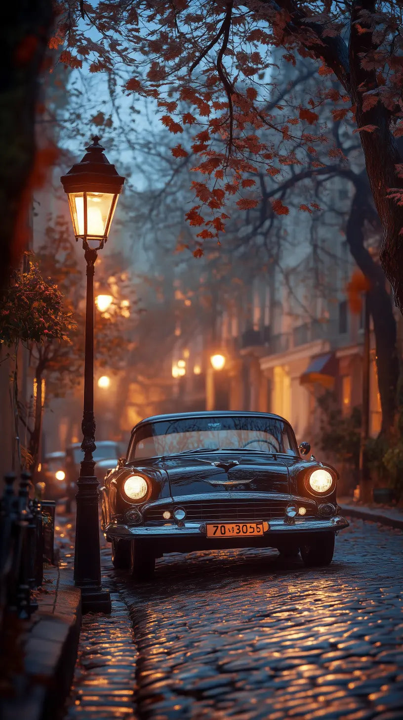 Vintage classic car parked on a cobblestone street under soft streetlights at dusk.