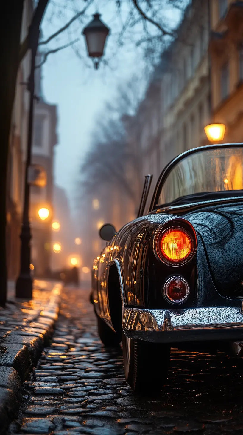 Vintage car parked on a cobblestone street in misty evening light, with warm street lamps illuminating the scene