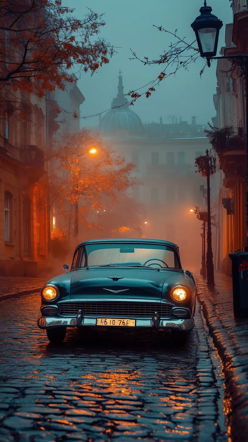 Vintage car on cobblestone street during a foggy evening with warm street lights.